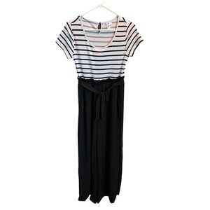 Just Be Womens Striped Short Sleeve Wide Leg Jumpsuit Black White Medium M